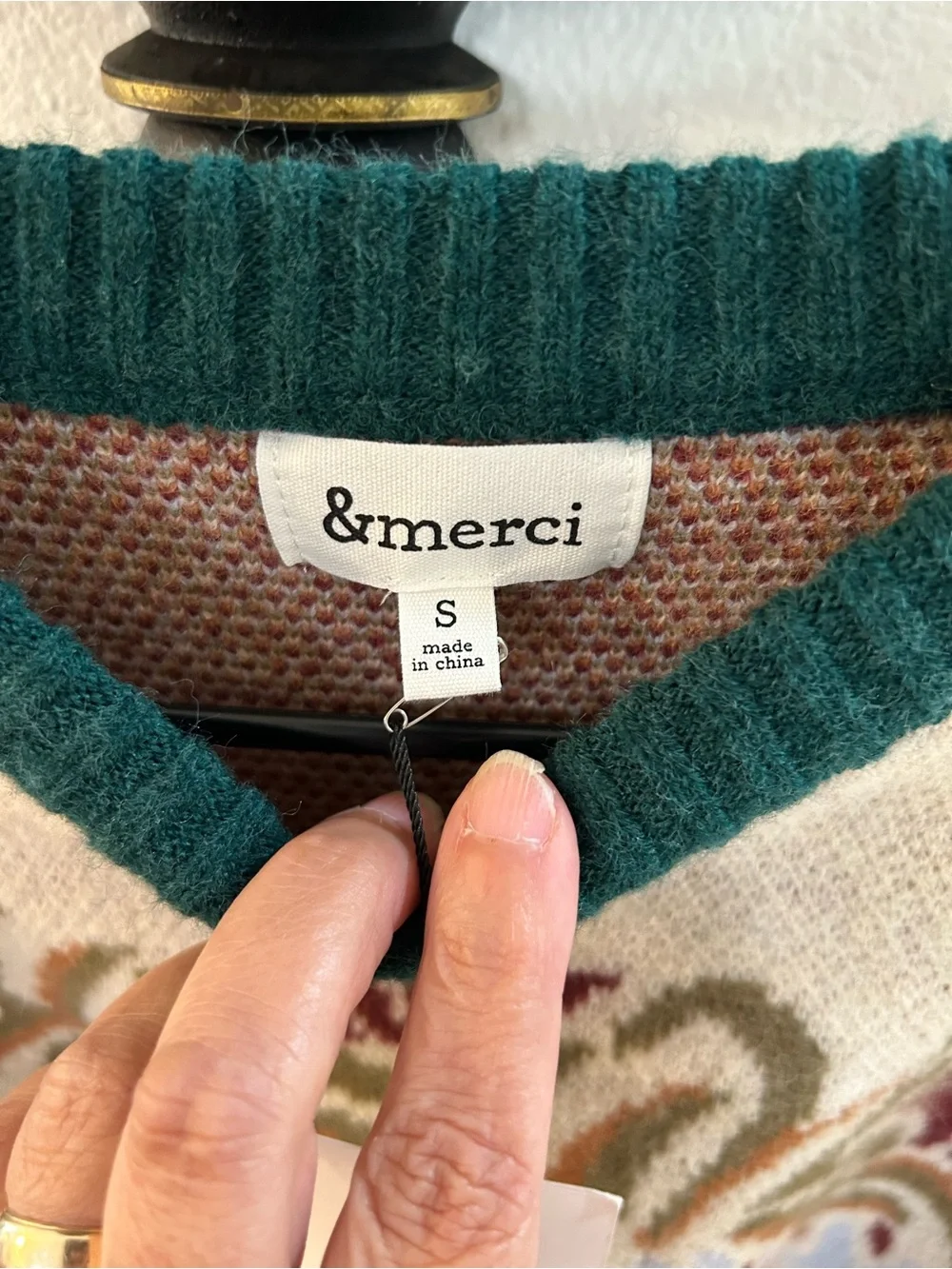 & Merci Floral Crewneck Sweater with Green Trim. Sz Small